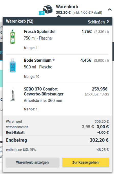 hygi.de Warenkorb Rabatt-Berechnung